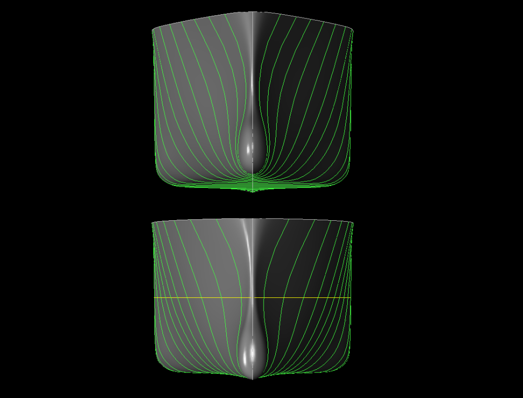 Maxsurf 49K vs 55K Displ Containership Hull Body Plan View Rendered