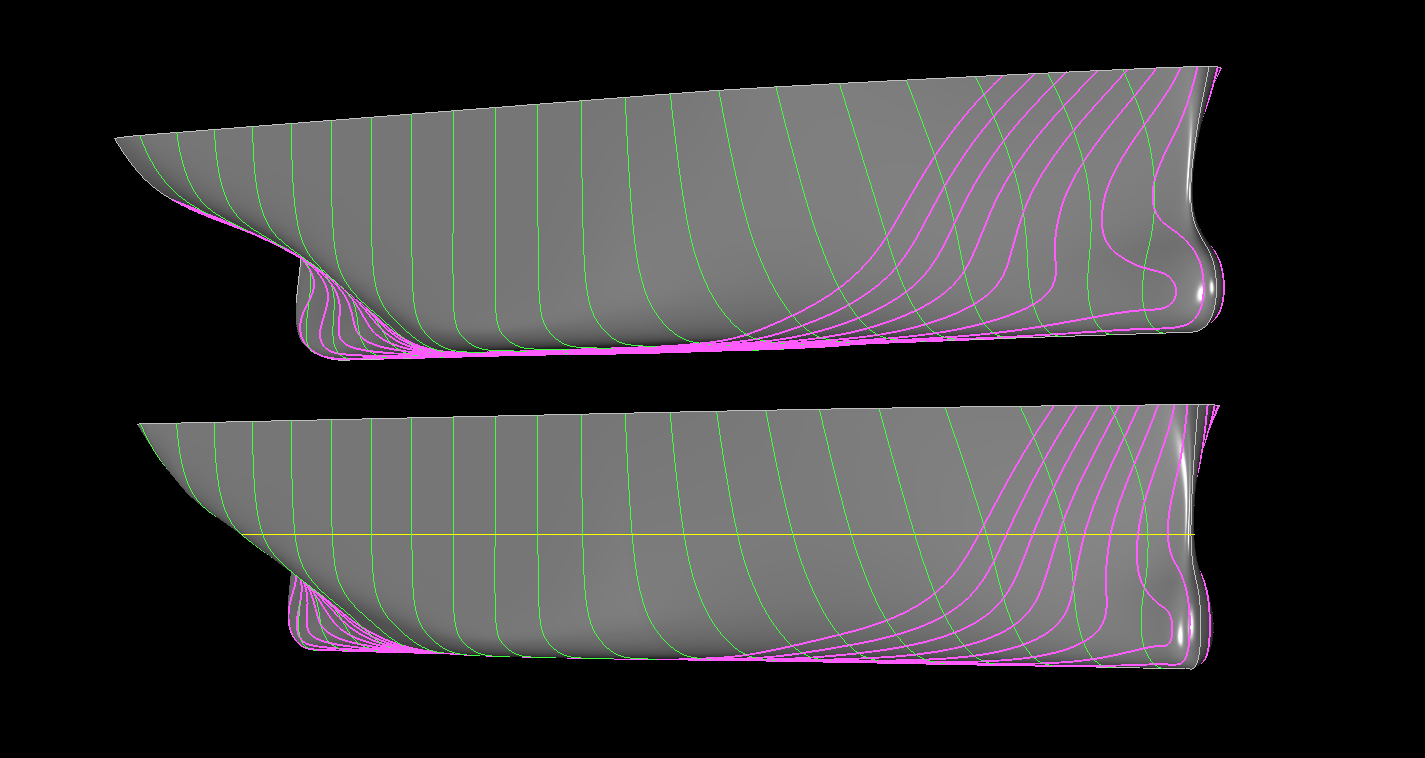 Maxsurf 49K vs 55K Displ Containership Hull Bow View