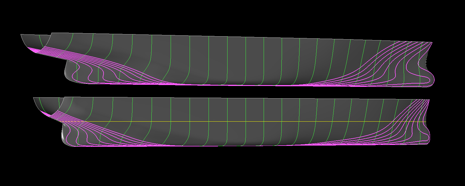 Maxsurf 49K vs 55K Displ Containership Hull Stern View