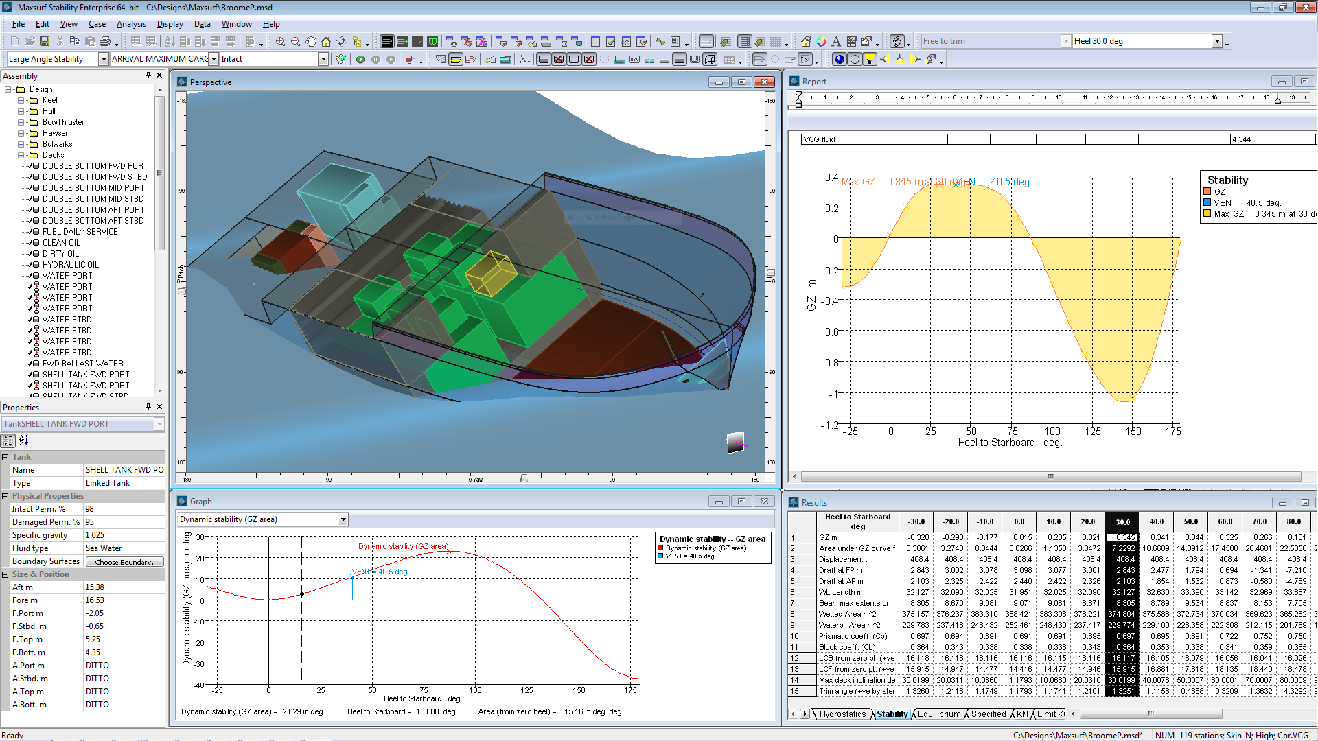 Maxsurf Large Angle Stability of Work Boat in Wave